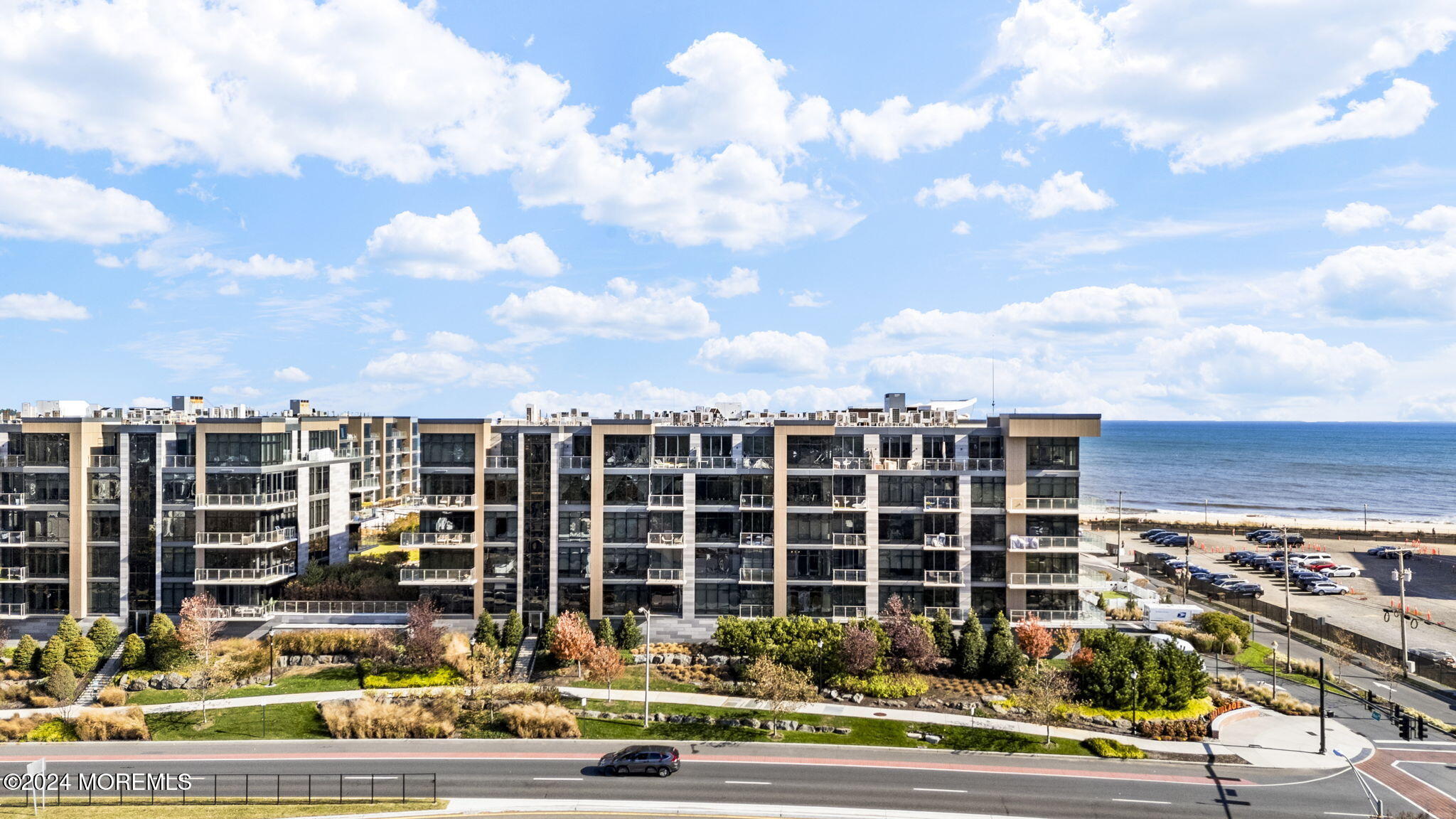 a front view of a building with street view