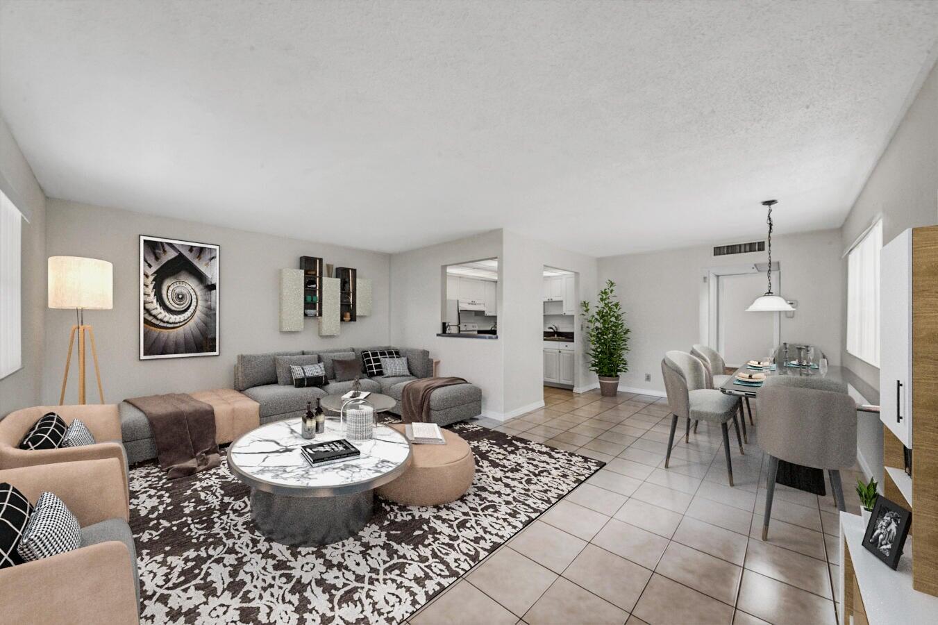 a living room with furniture and a table