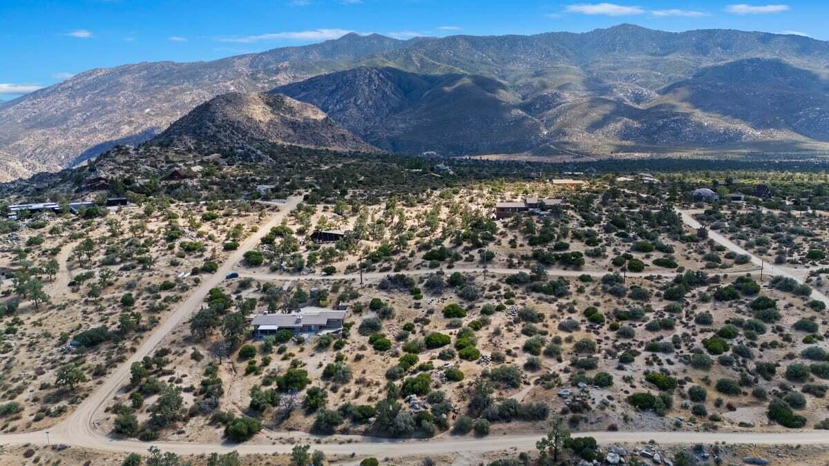 a view of a yard with a mountain