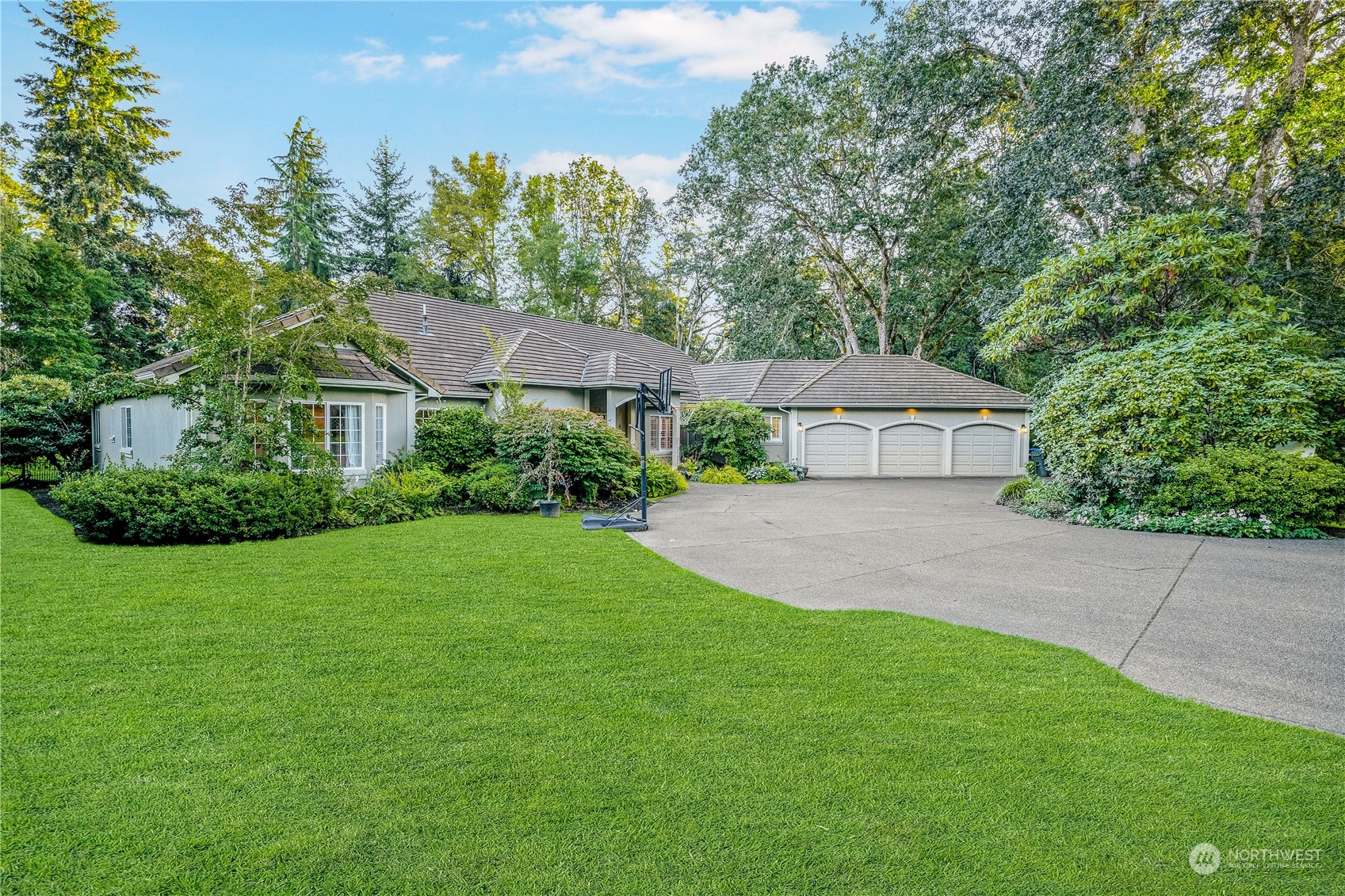 a front view of a house with a yard and trees