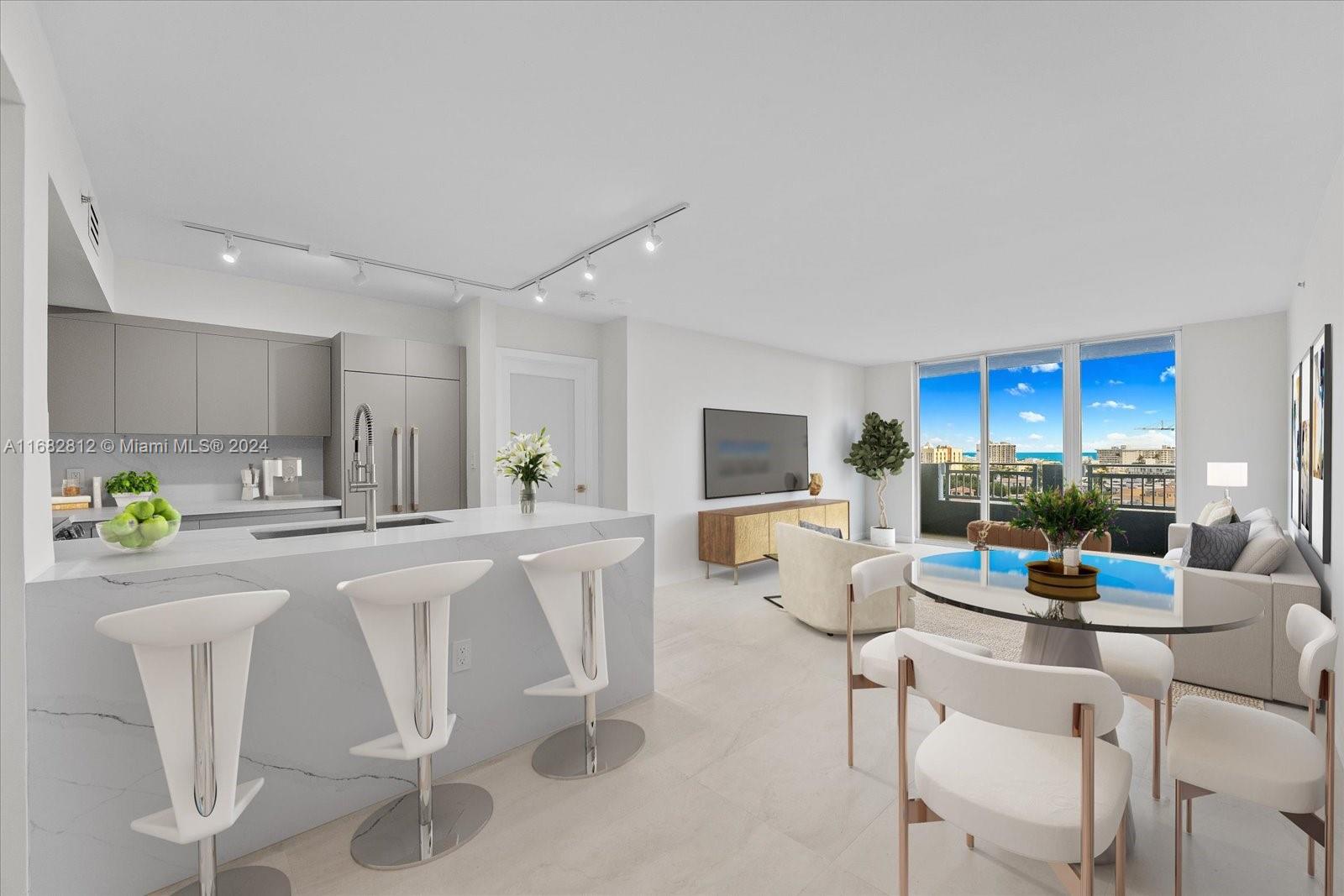 a kitchen with stainless steel appliances a white table chairs and a refrigerator