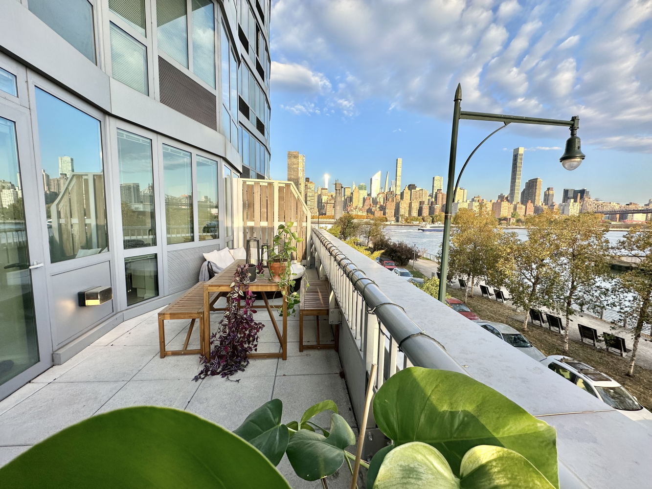 a view of a balcony with chairs