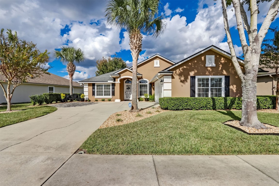 a front view of house with yard and green space