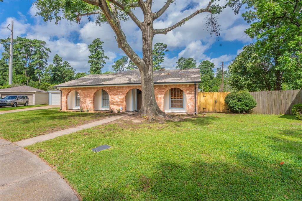 a view of a house with backyard and a tree