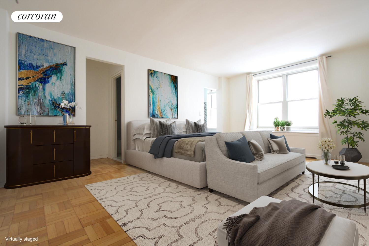 a living room with furniture and a painting on the wall