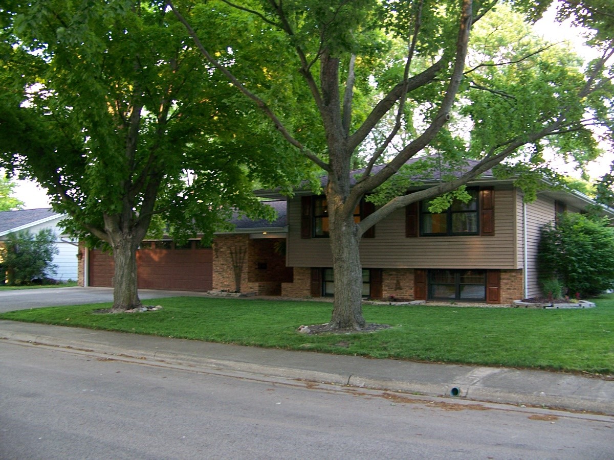 a front view of house with yard and green space