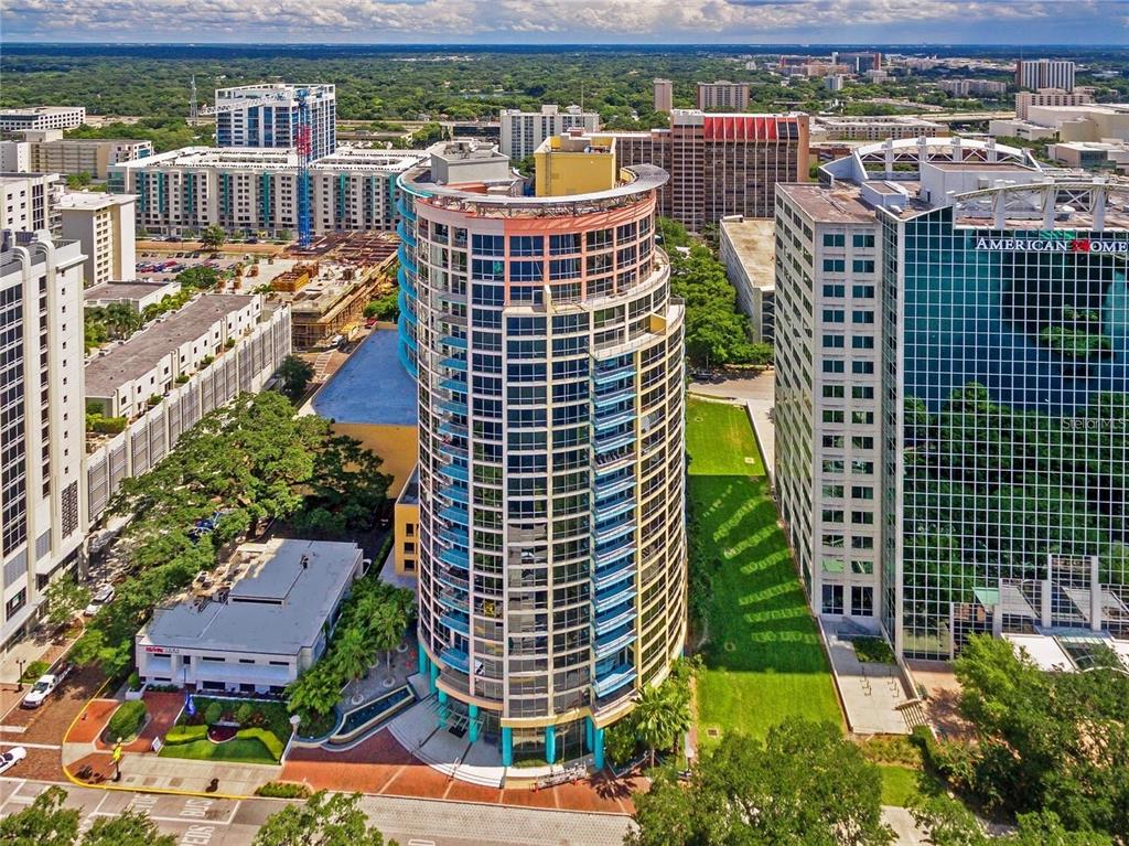 a view of a city with tall buildings