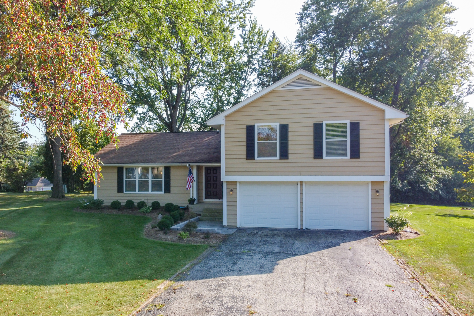 a front view of house with yard and green space