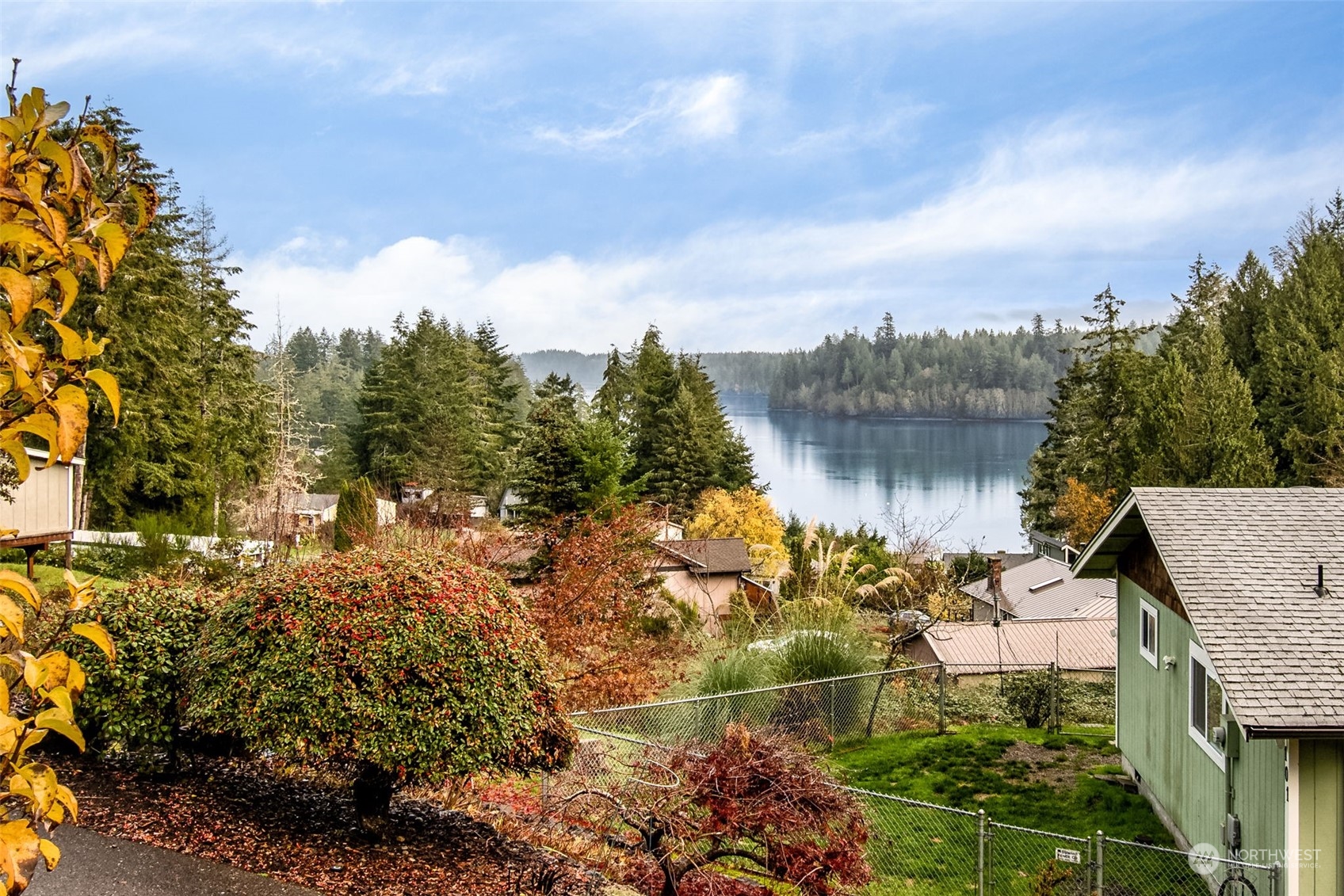 a view of a lake with a house in the background