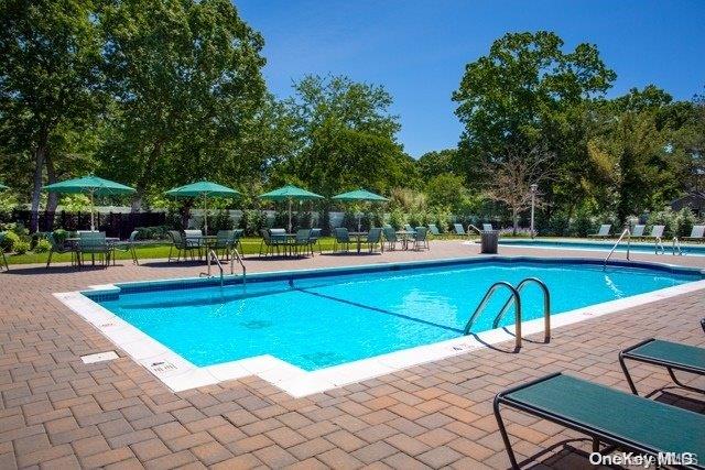 a view of a swimming pool with lounge chair