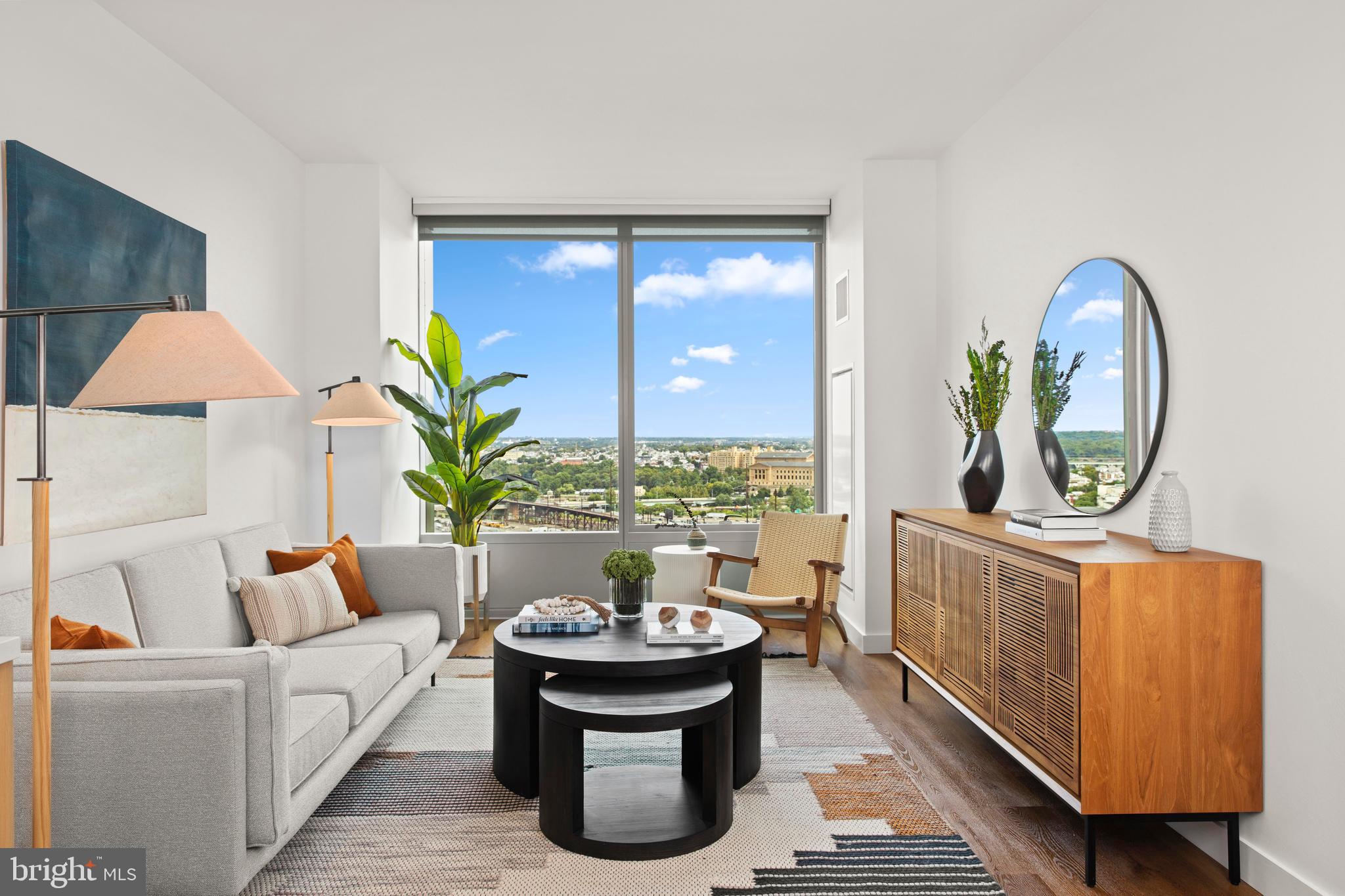 a living room with furniture and a potted plant