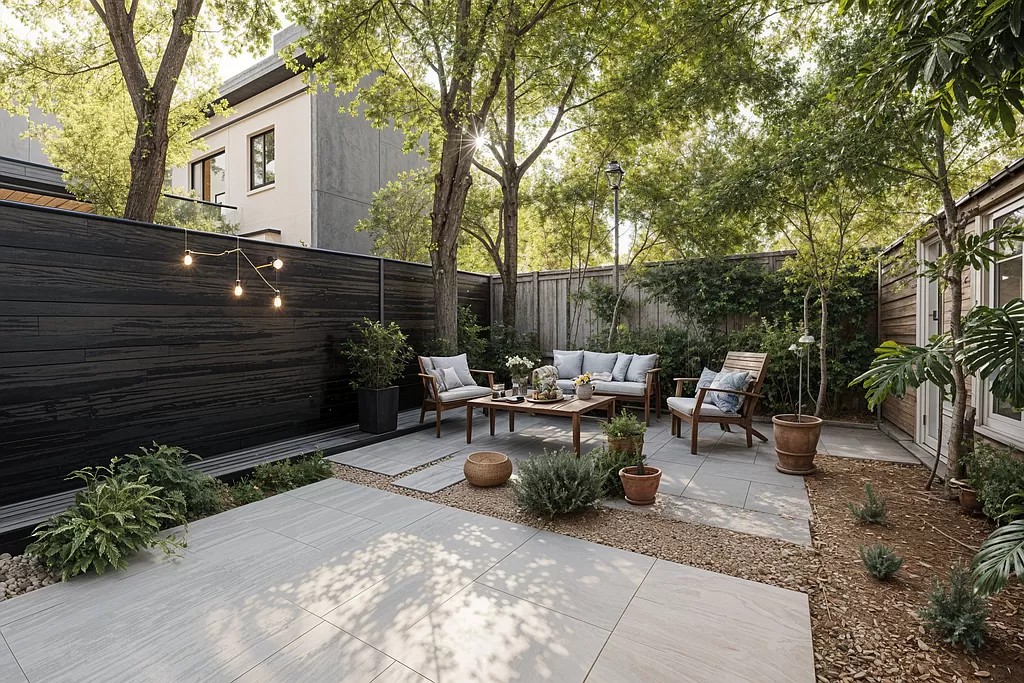 a view of backyard with outdoor seating and trees