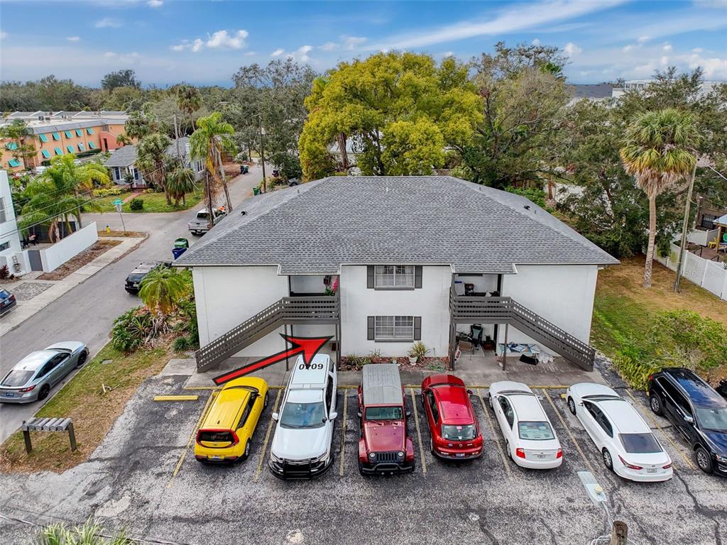 an aerial view of a house with 2 car park