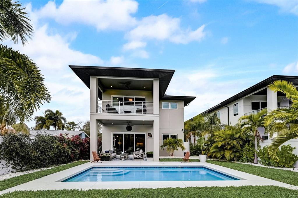 a view of house with outdoor space and swimming pool