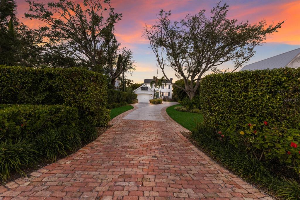 a view of a pathway with a garden