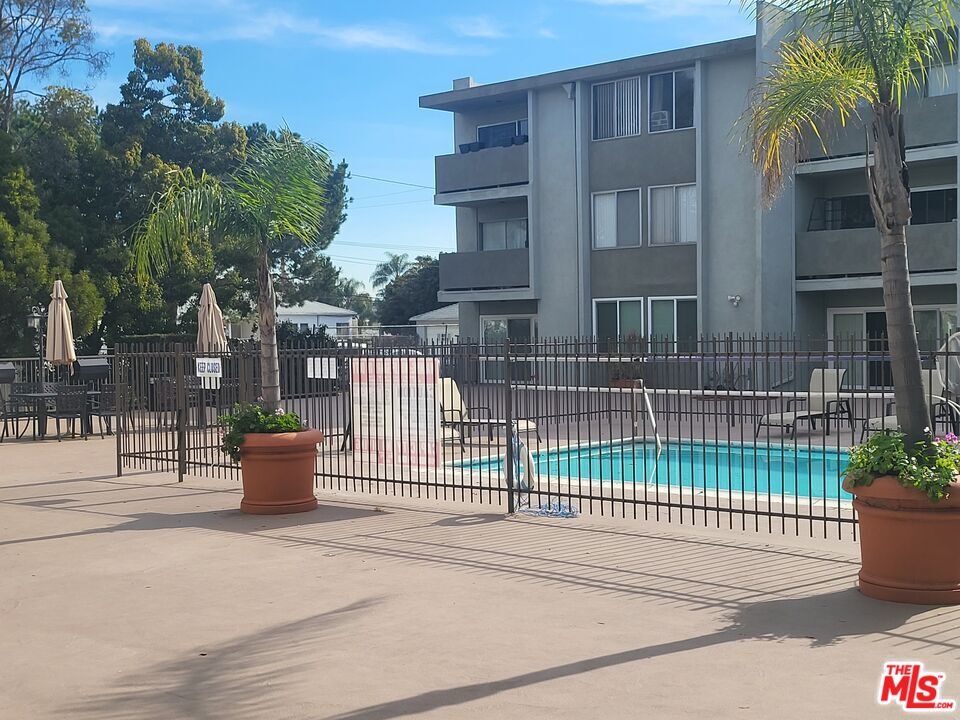 a view of a building from a patio