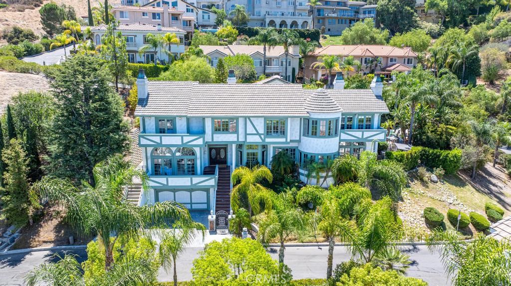 an aerial view of a house with a yard and potted plants