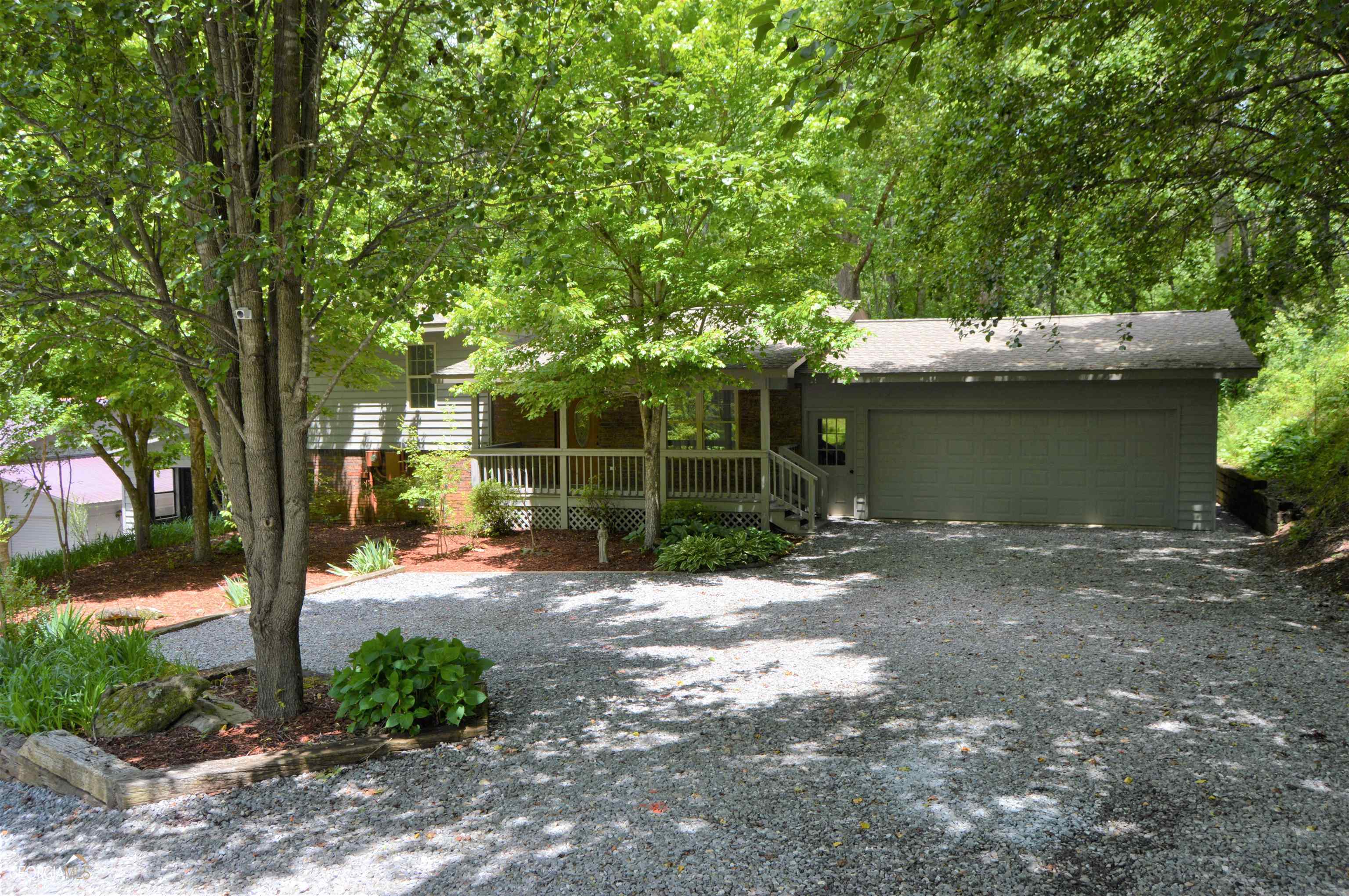 a view of a backyard with a tree