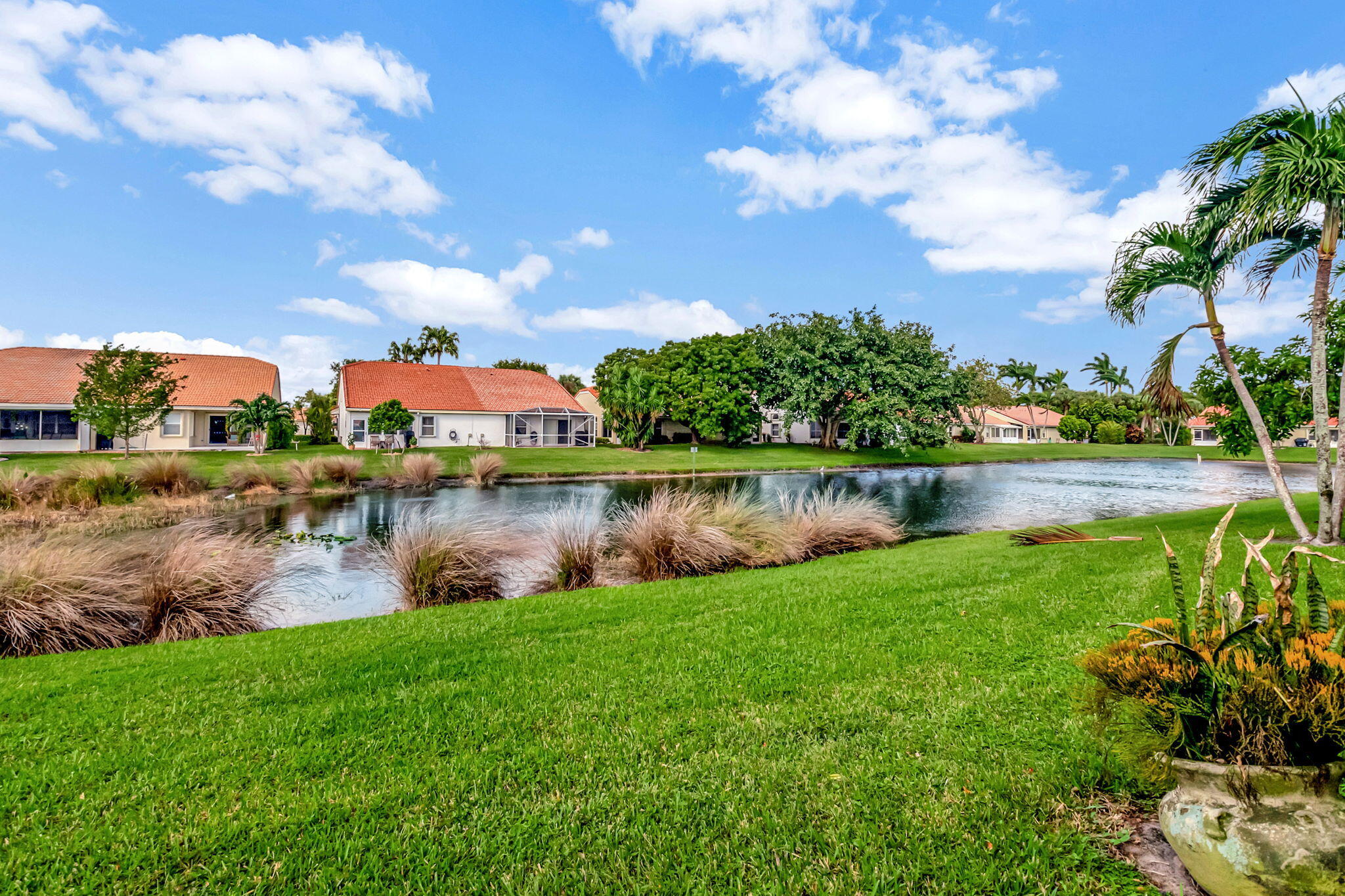 a view of a lake with houses in the back