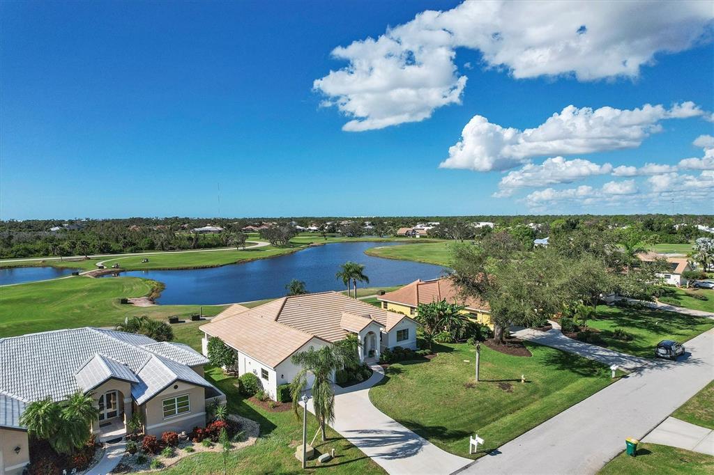 an aerial view of a house with a garden