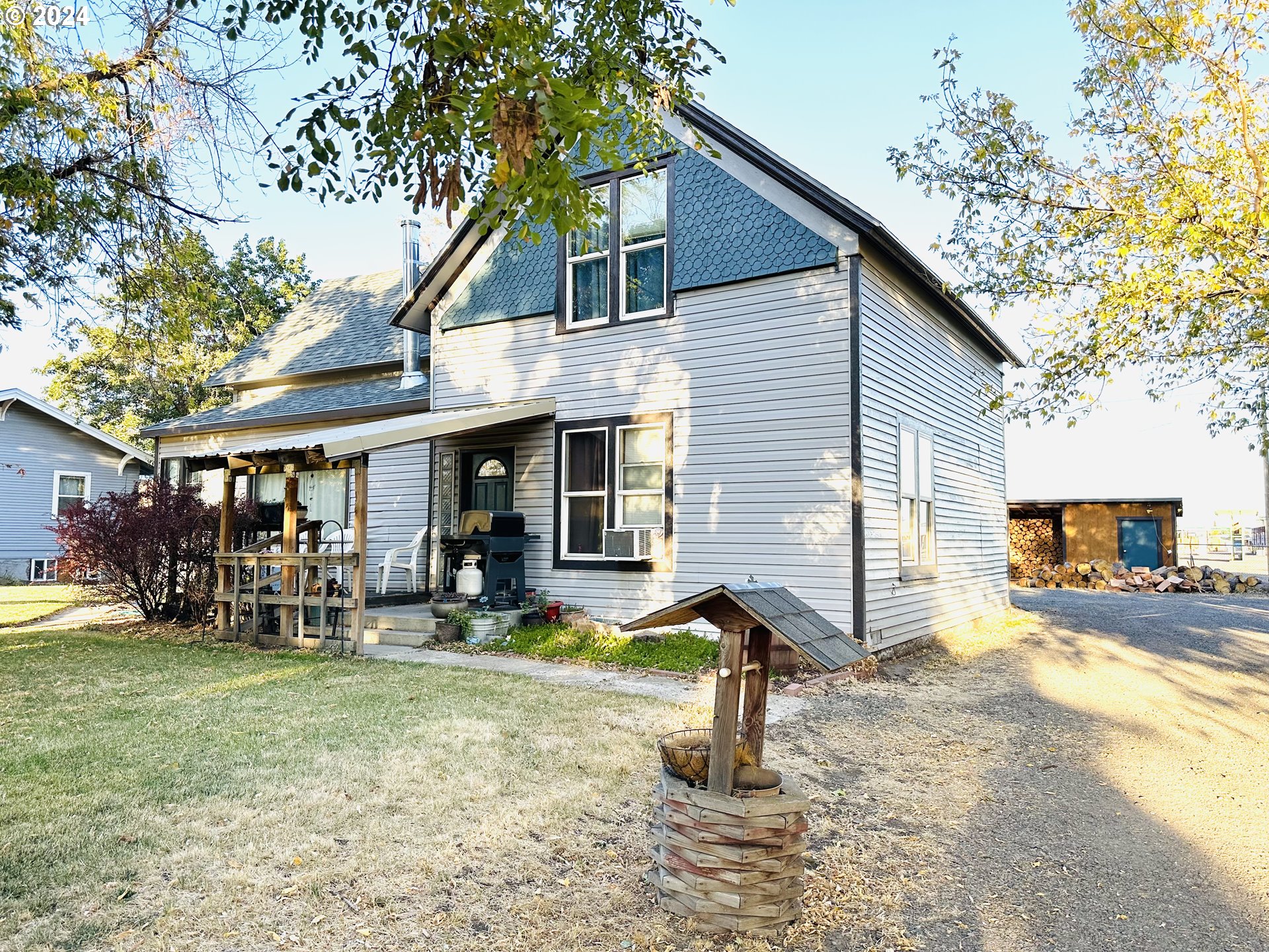 a front view of a house with patio