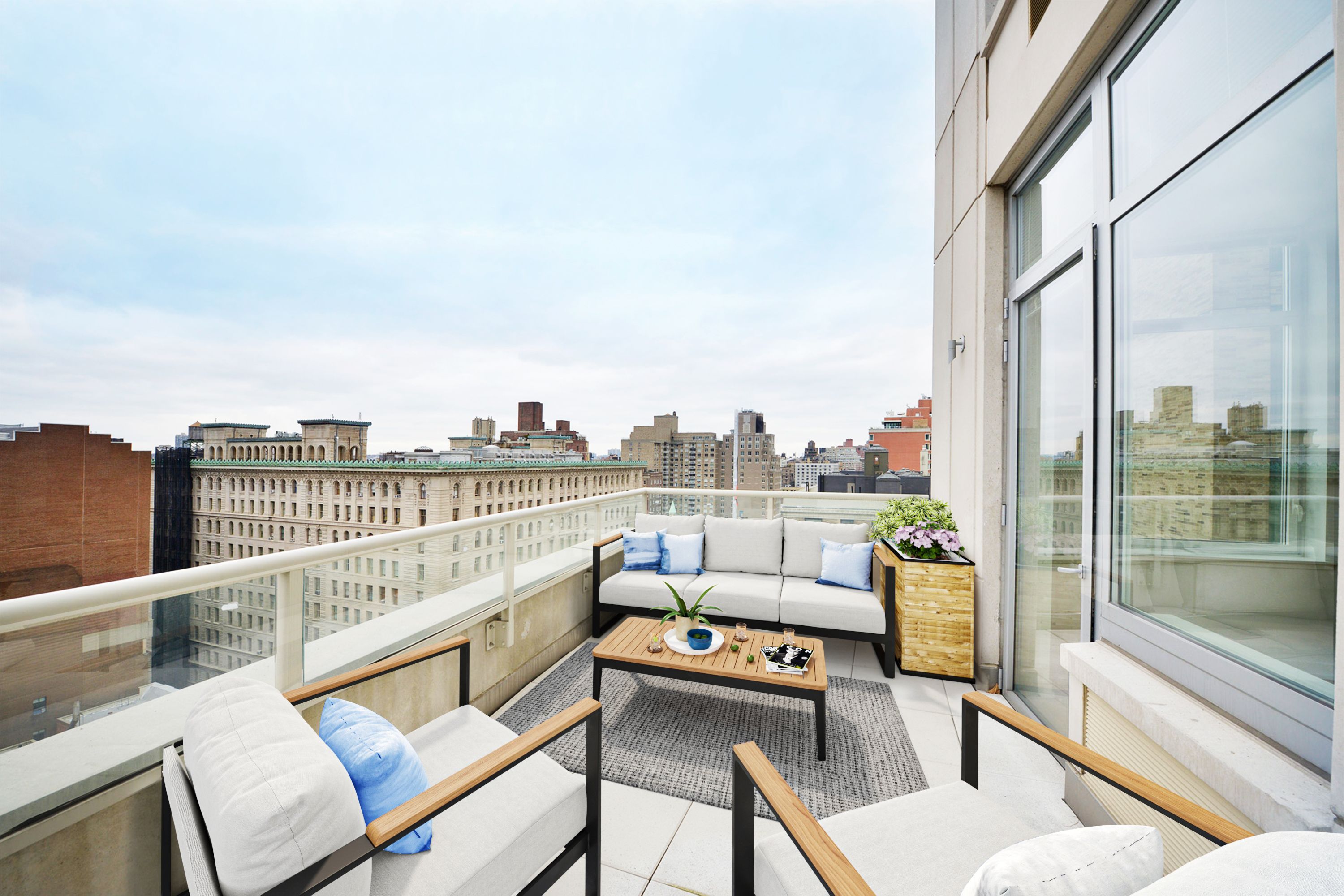 a view of a balcony with furniture