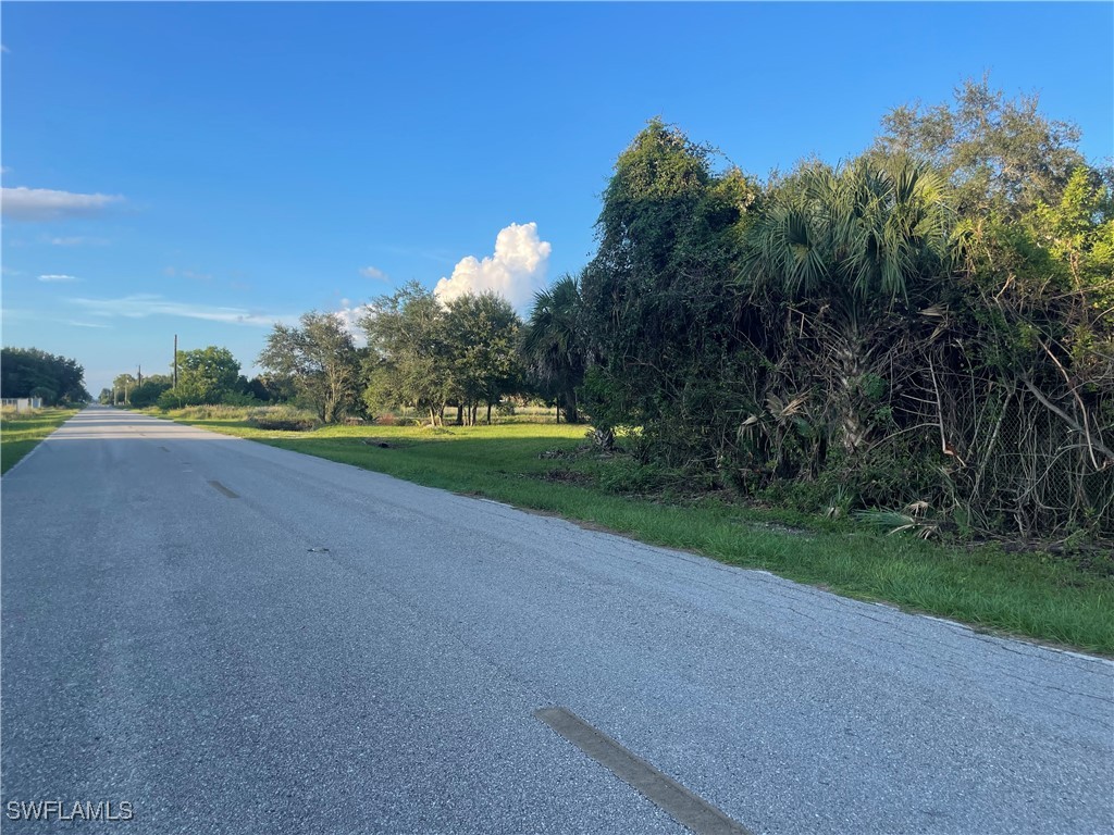 a view of a road with a yard