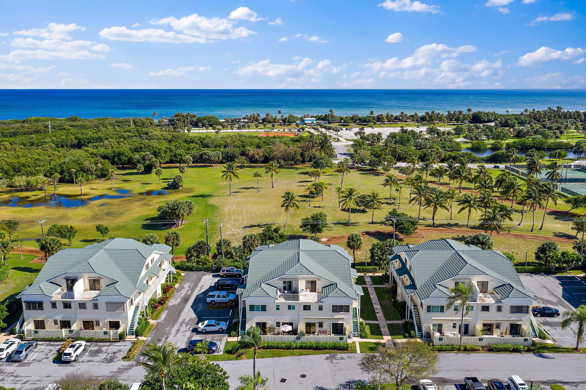 an aerial view of residential houses with outdoor space and ocean view