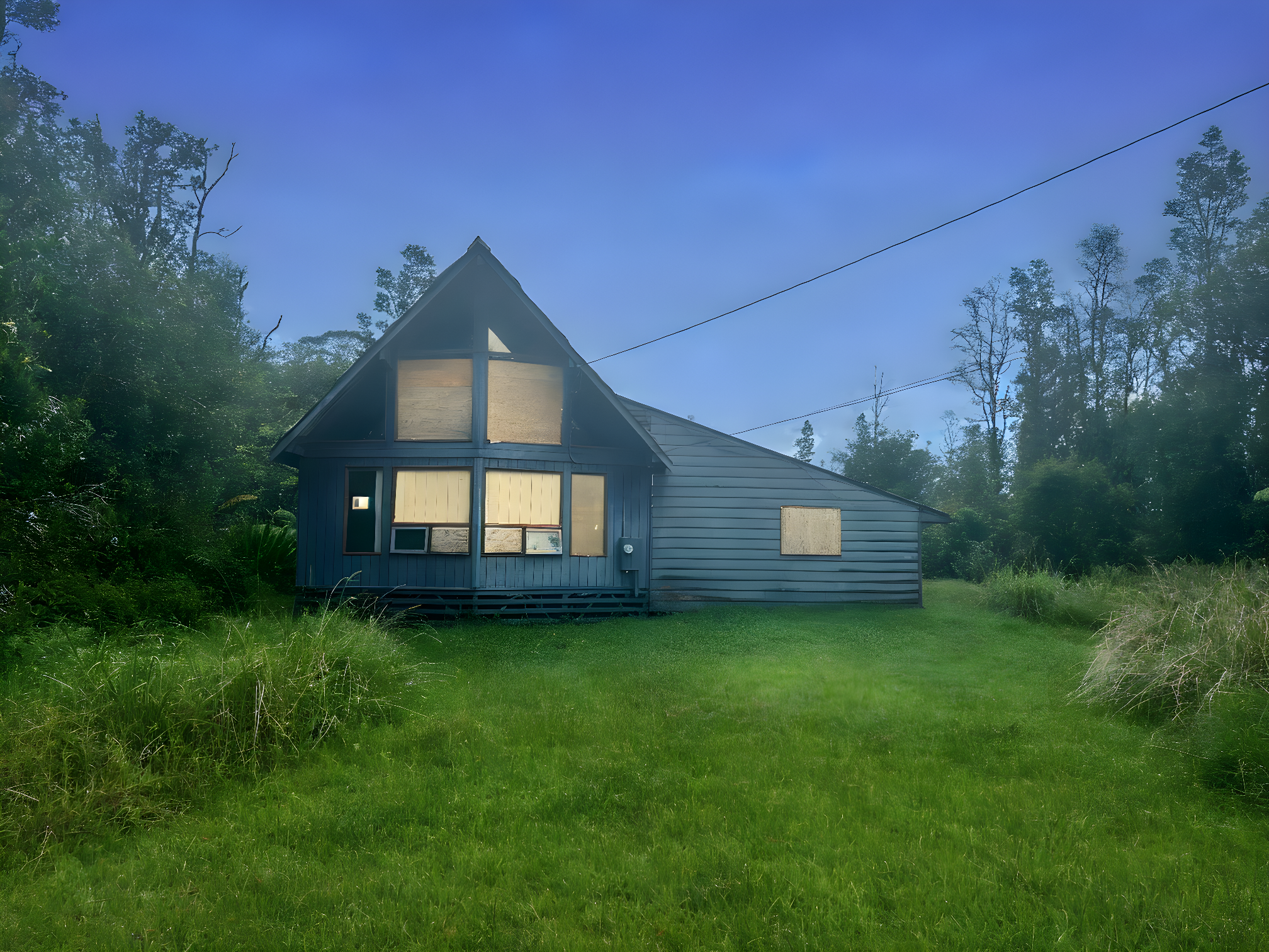 a view of a big house with a big yard and large trees