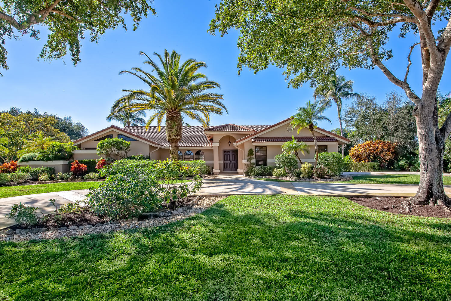 a view of a house with a big yard and large trees