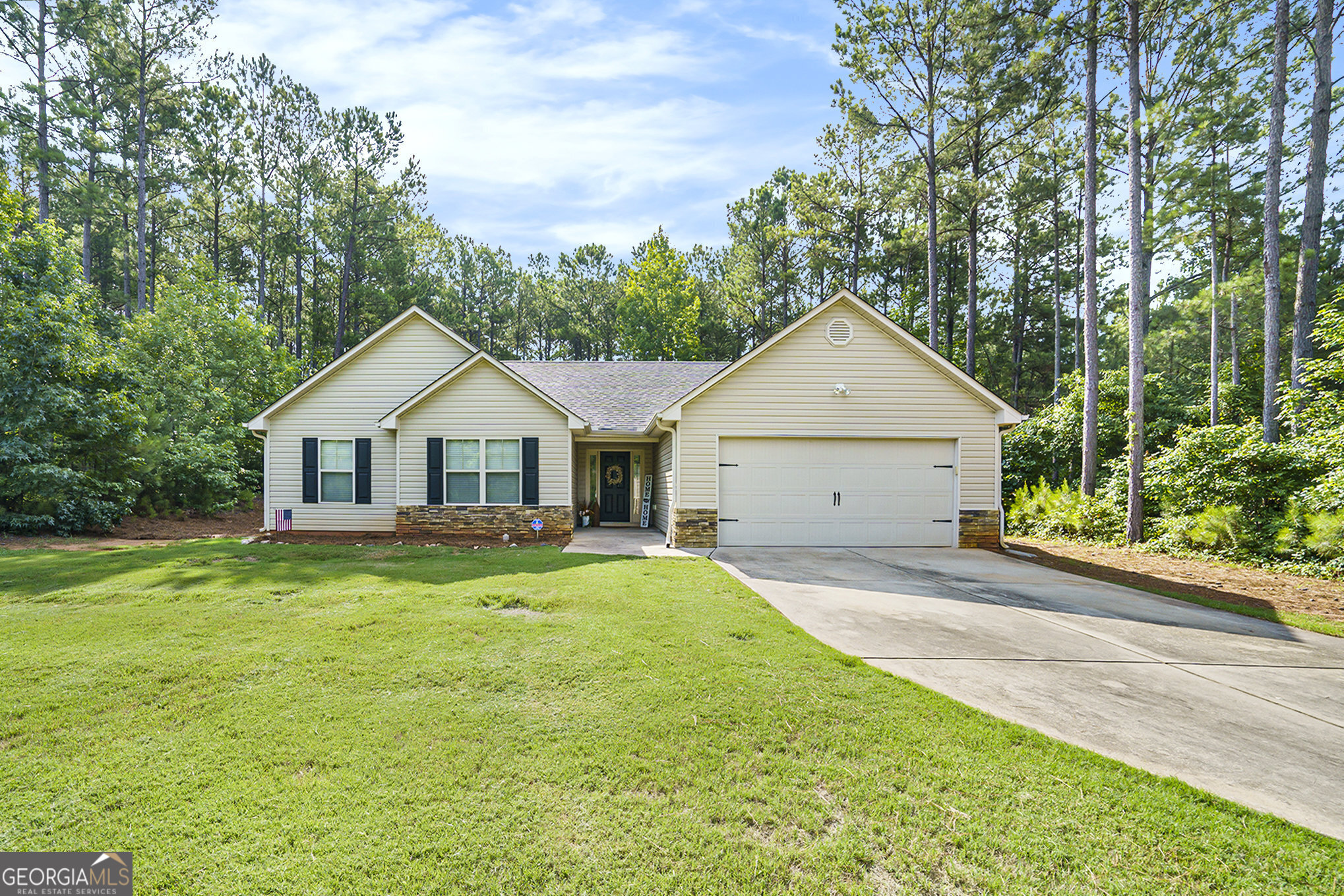 a front view of a house with yard and green space