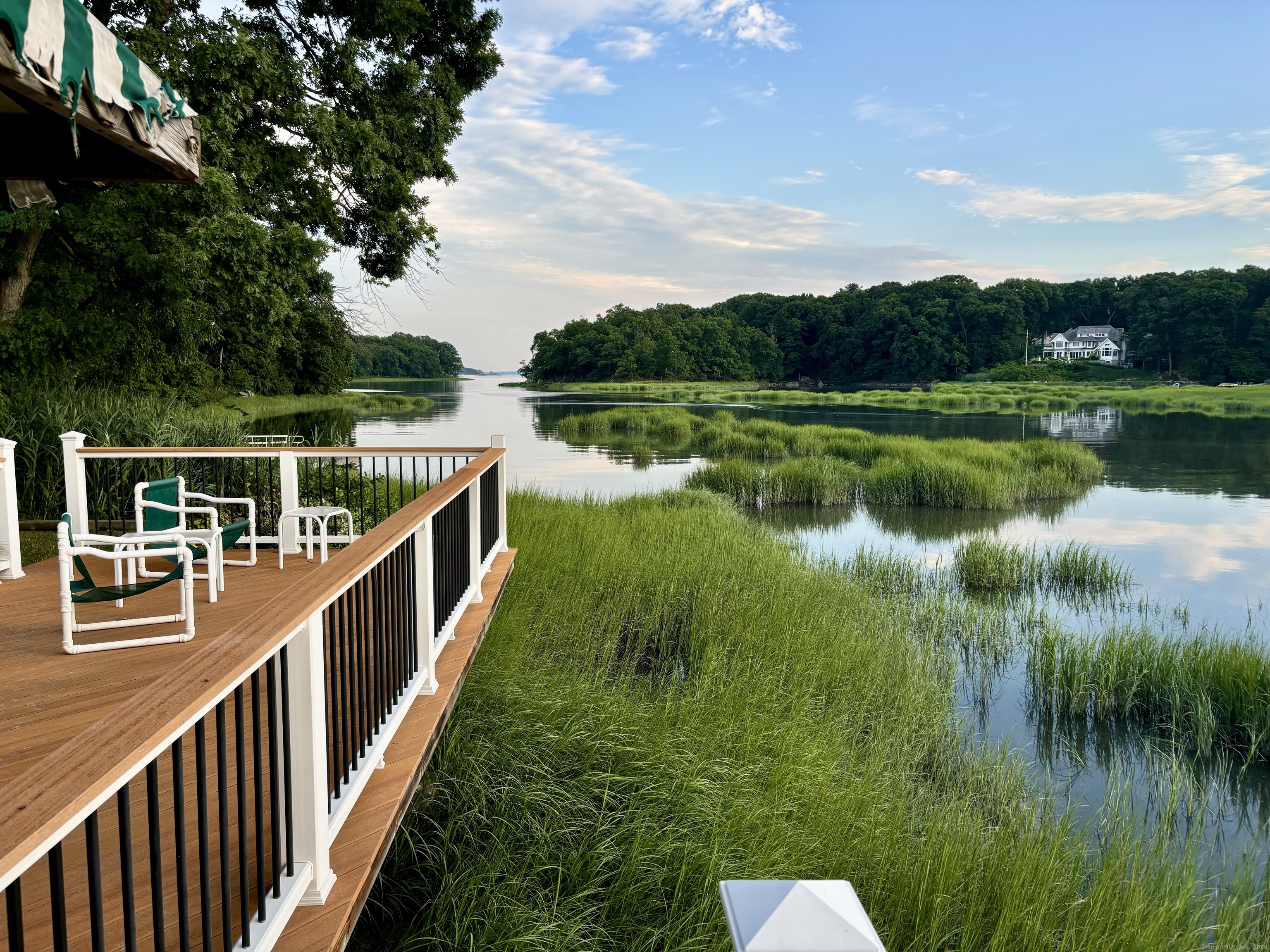 a view of a lake with a houses in the background