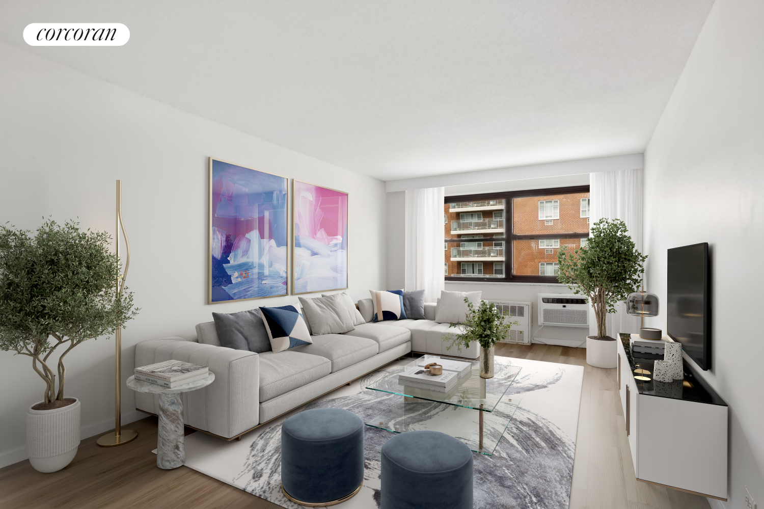 a living room with furniture a chandelier and a flat screen tv