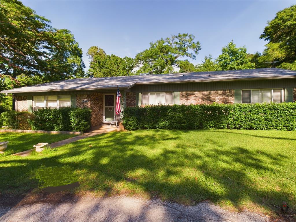 Single-story house with brick exterior, front yard under sunny skies.