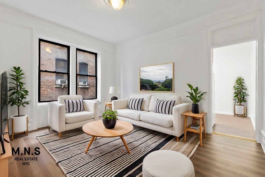 a living room with furniture and a potted plant