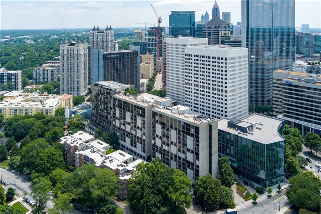 a city view with tall buildings