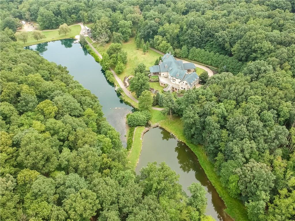 an aerial view of a house with a yard and lake view