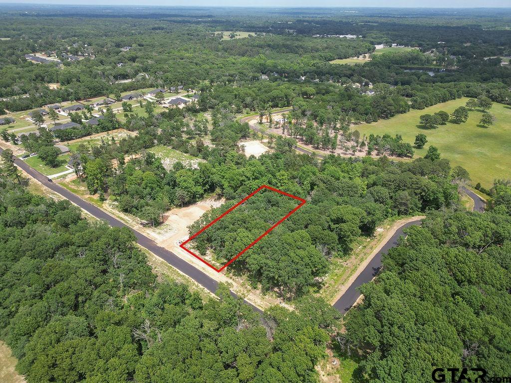 an aerial view of residential houses with outdoor space and trees