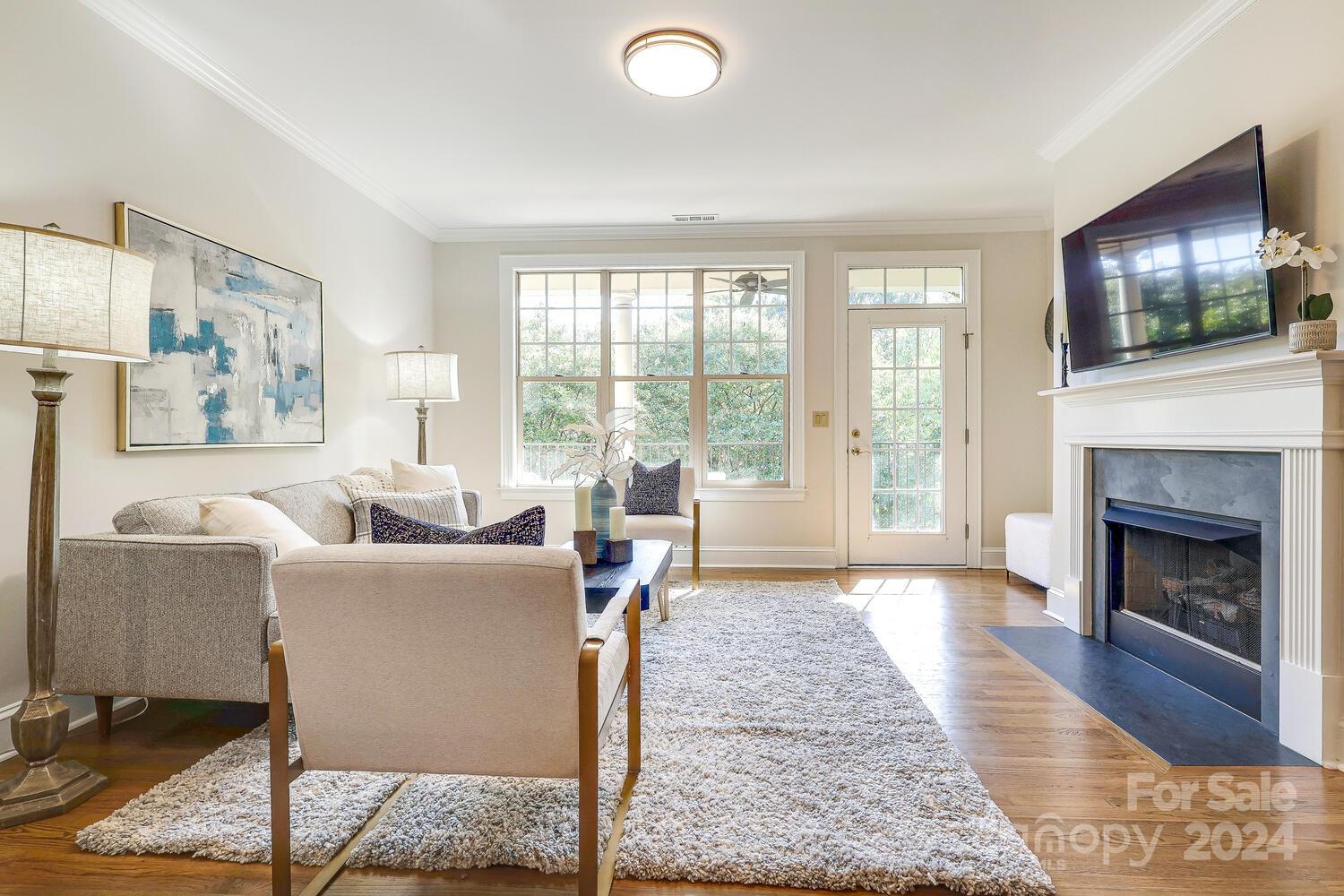 a living room with furniture a flat screen tv and a fireplace