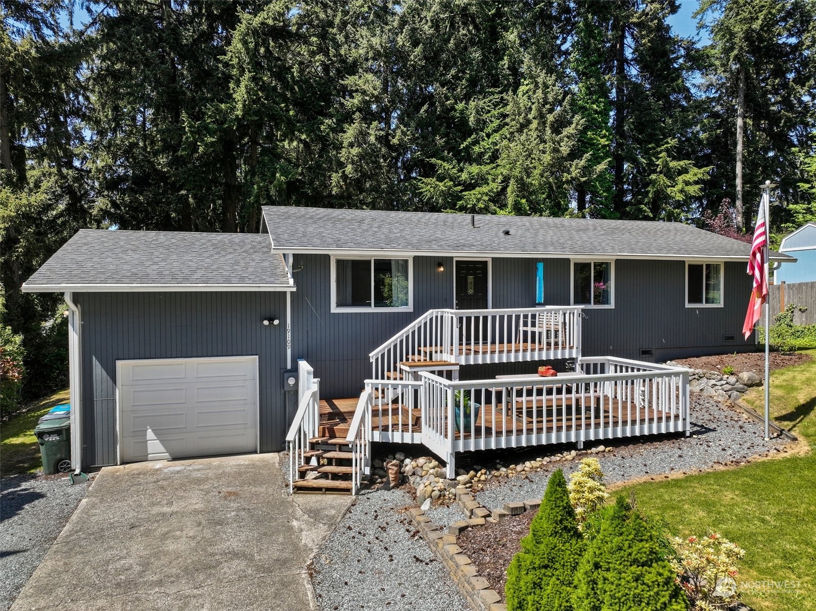 front view of a house with a deck