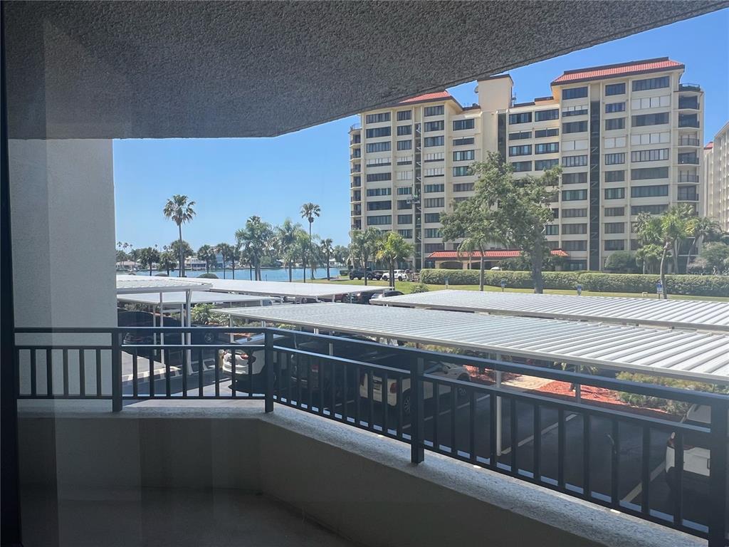 a view of a building from a balcony