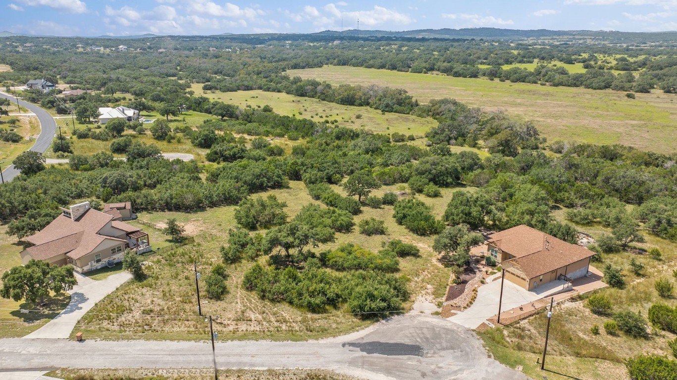 an aerial view of residential houses with outdoor space and trees