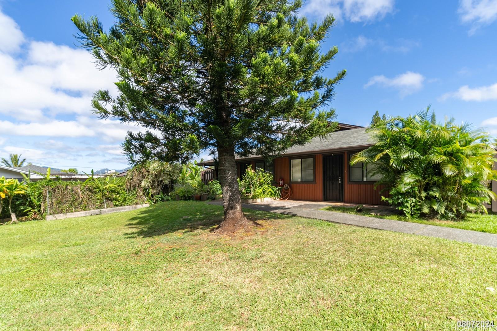 a view of a house with a yard and large tree