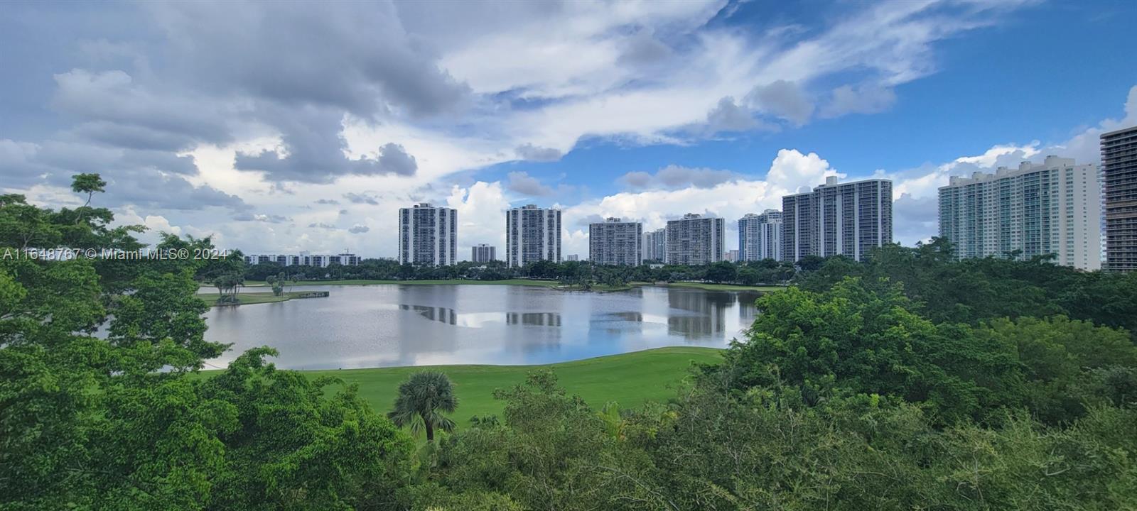 a view of a lake with a city