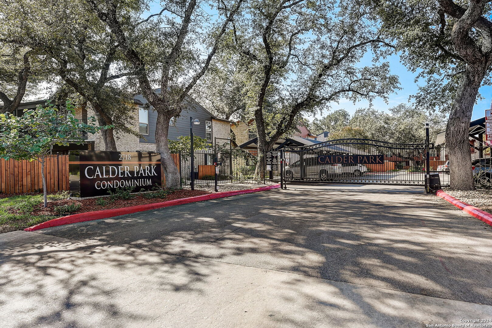 a view of street with large trees