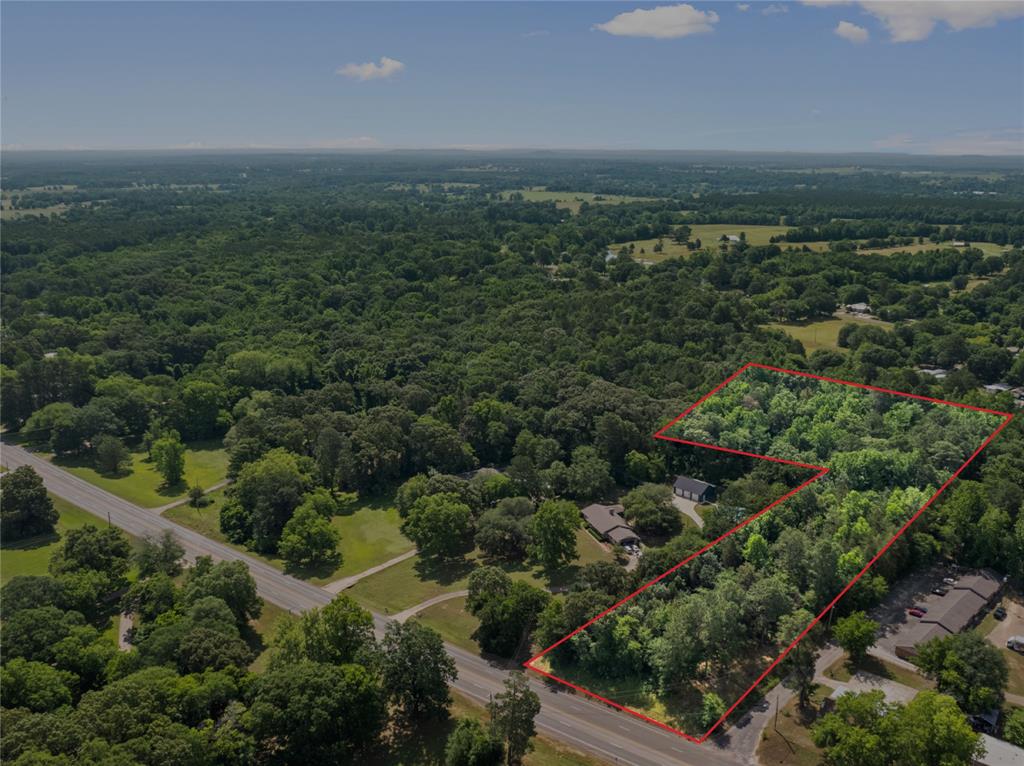 an aerial view of residential houses with outdoor space and trees