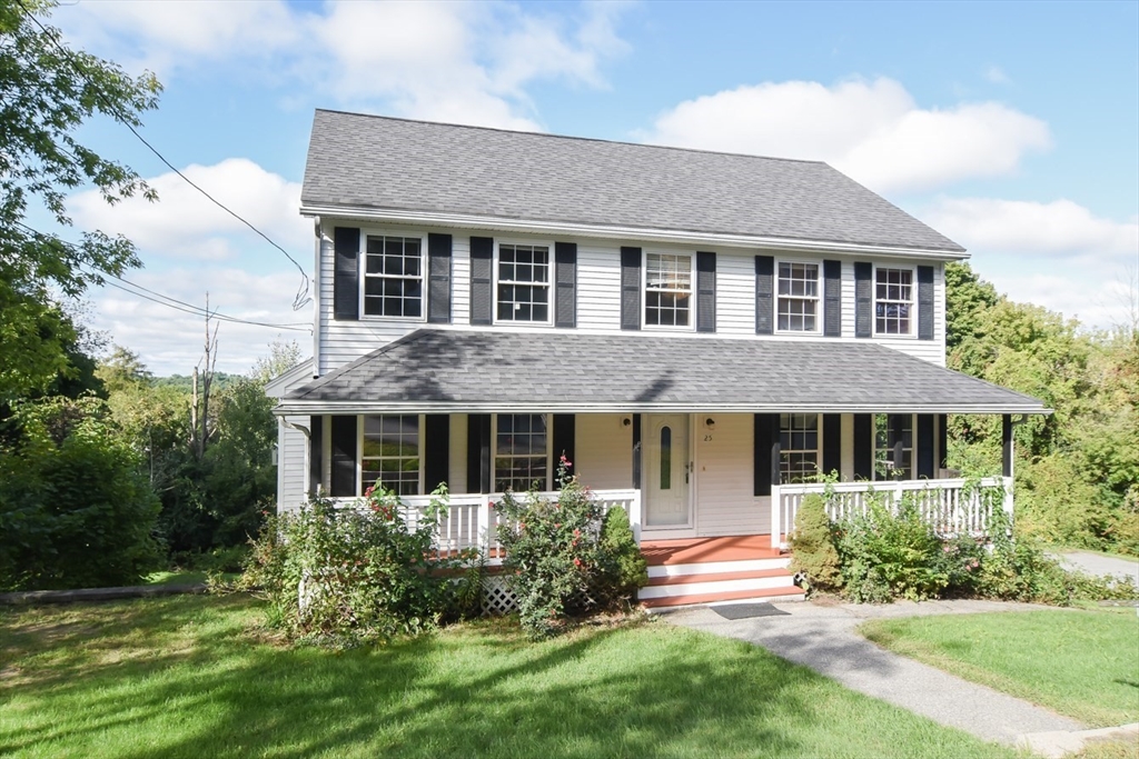 a front view of a house with a yard and potted plants