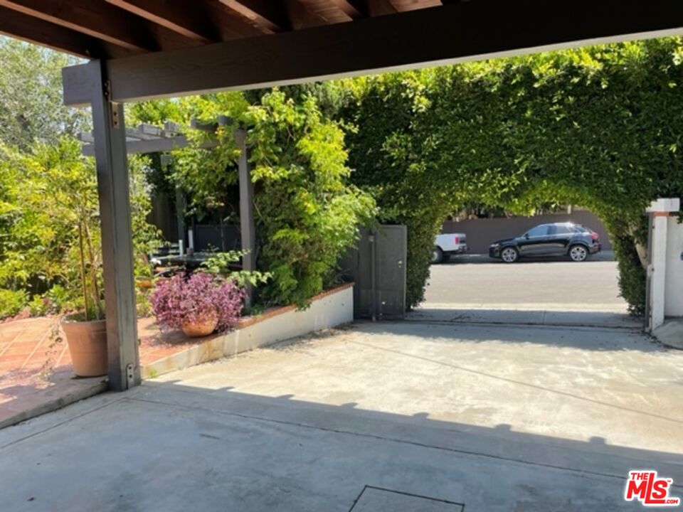 a view of a yard with potted plants