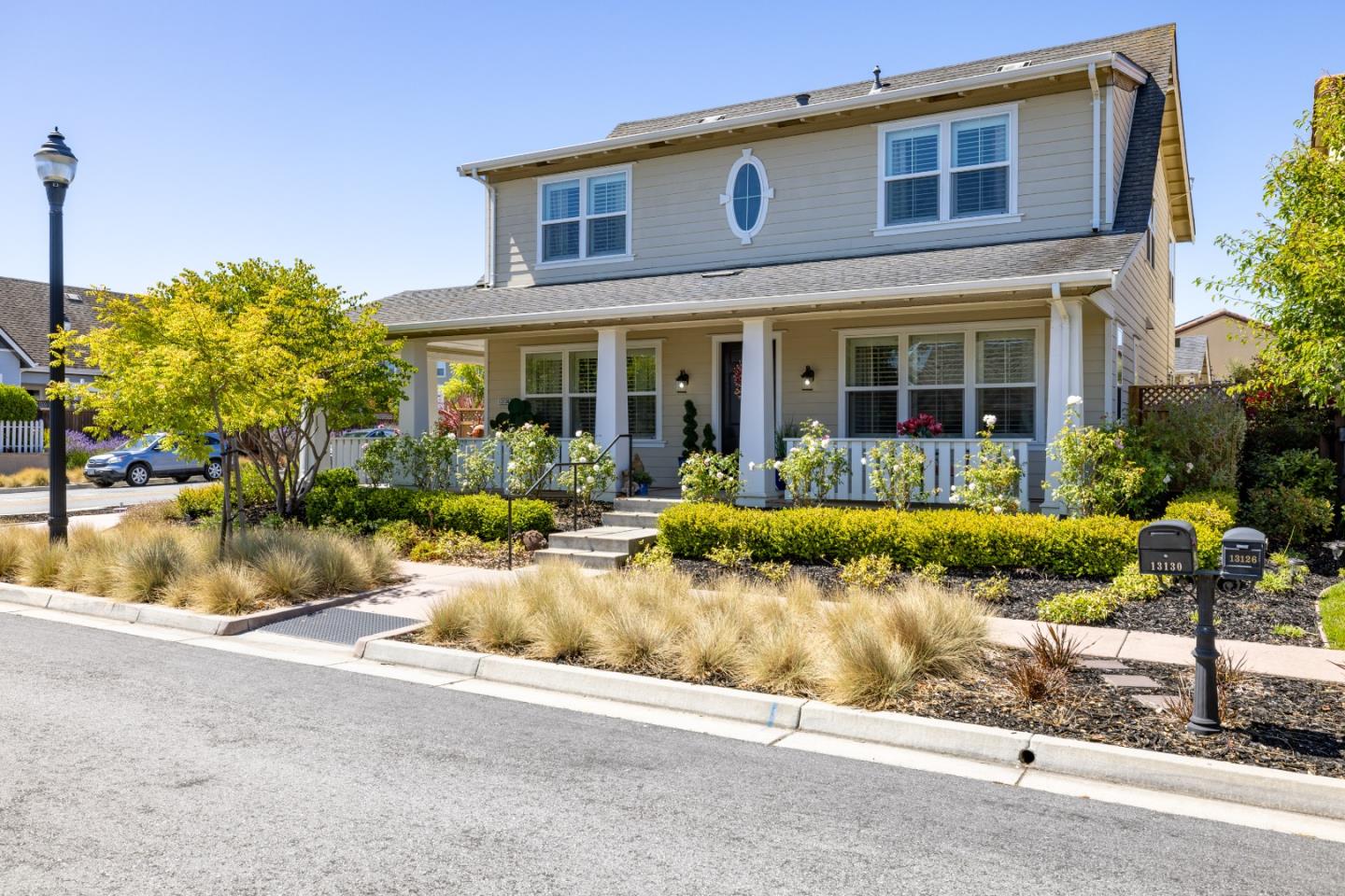 front view of a house with a patio