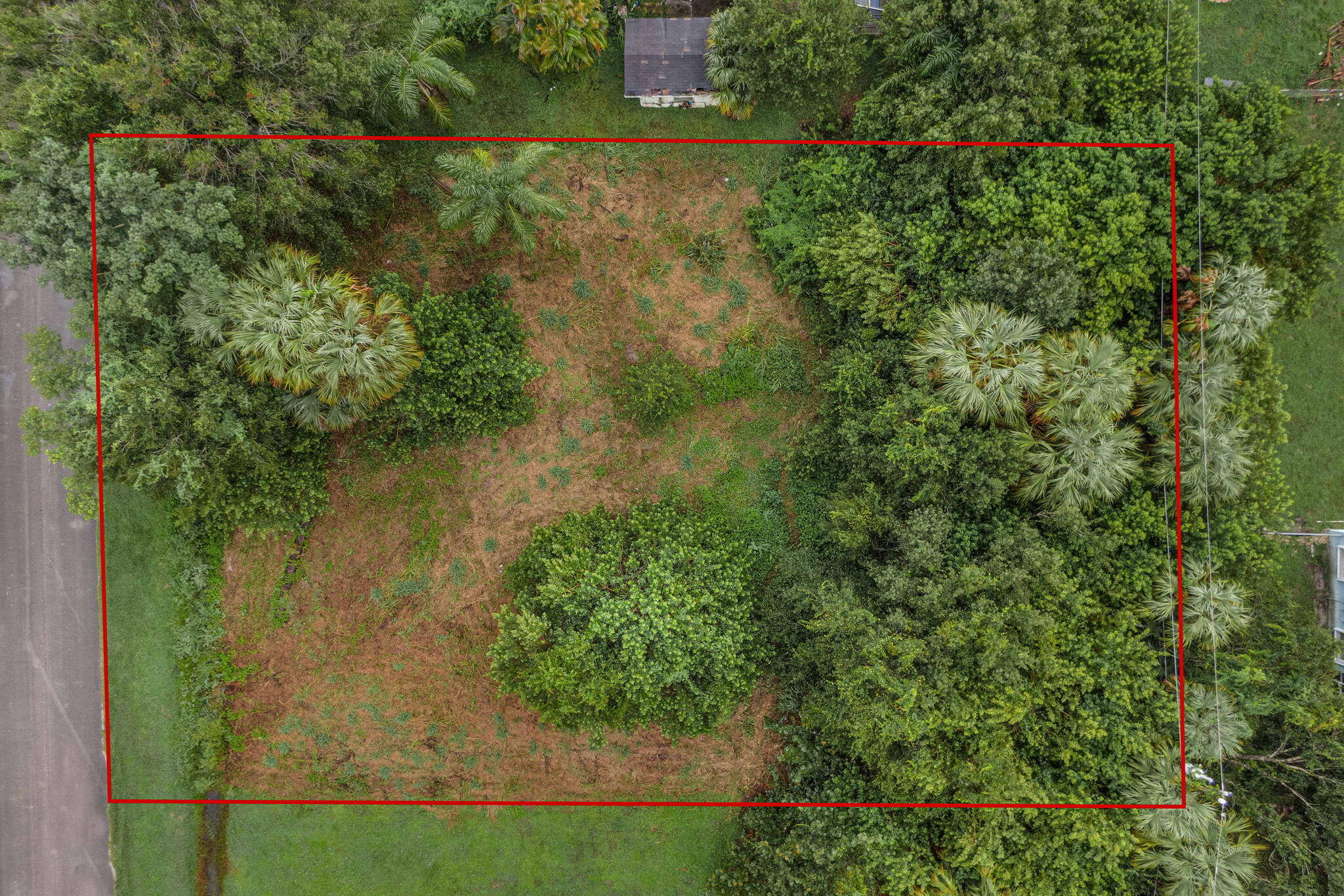 an aerial view of residential houses with outdoor space and trees